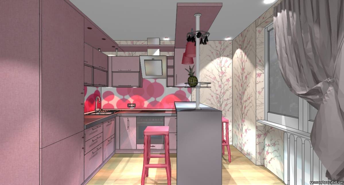 дизайн кухни в розовом цвете